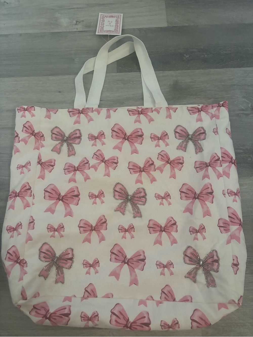Cream Canvas Tote with Pink Bow Print